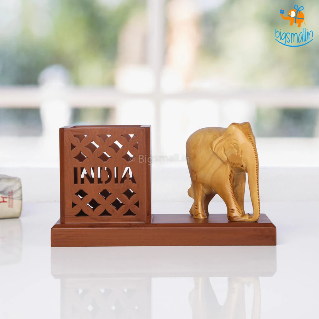 Indian Craft Father's Day Wooden Elephant Pen Stand