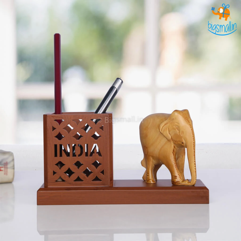 Indian Craft Father's Day Wooden Elephant Pen Stand