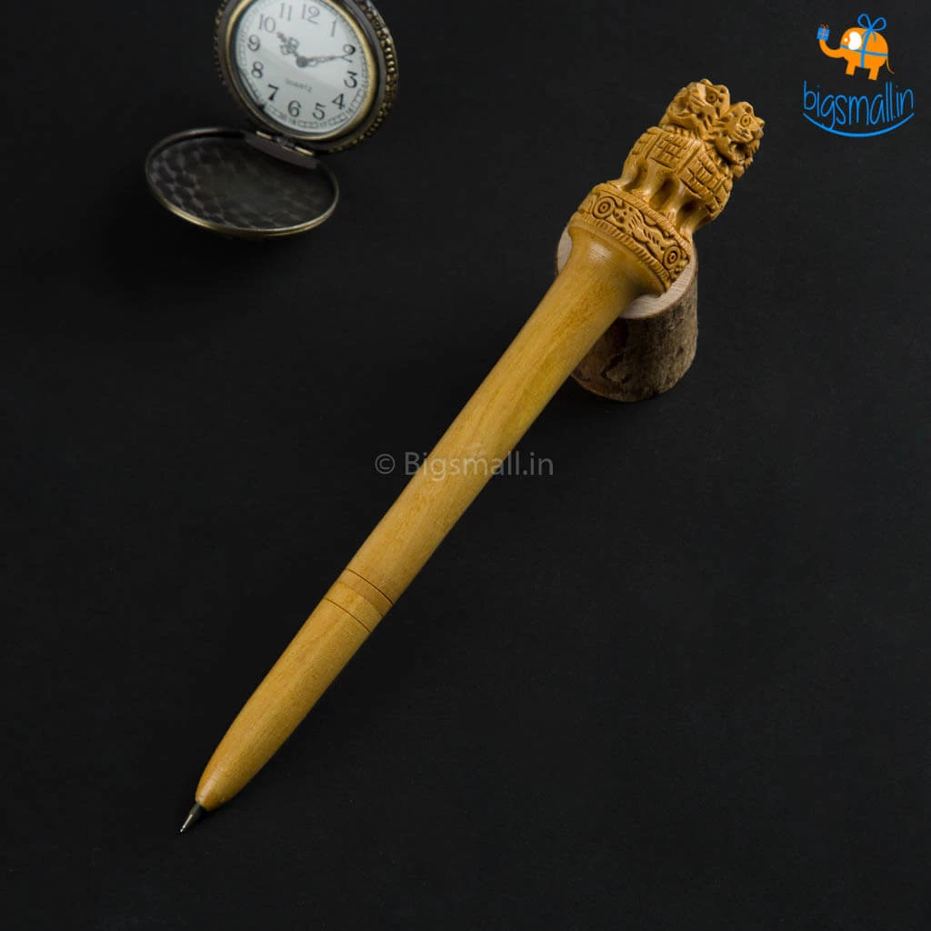 Indian Craft Wooden National Emblem Pen - Souvenir