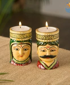 Indian Craft Father's Day Hand-Crafted Wooden Face Tea Light Holder - Set Of 2