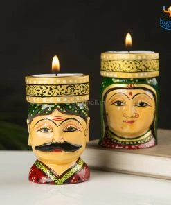 Indian Craft Father's Day Hand-Crafted Wooden Face Tea Light Holder - Set Of 2