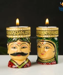 Indian Craft Father's Day Hand-Crafted Wooden Face Tea Light Holder - Set Of 2