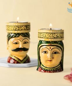 Indian Craft Father's Day Hand-Crafted Wooden Face Tea Light Holder - Set Of 2