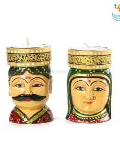 Indian Craft Father's Day Hand-Crafted Wooden Face Tea Light Holder - Set Of 2