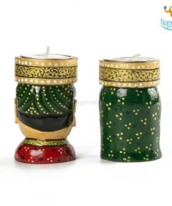 Indian Craft Father's Day Hand-Crafted Wooden Face Tea Light Holder - Set Of 2