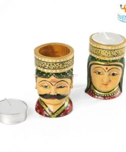 Indian Craft Father's Day Hand-Crafted Wooden Face Tea Light Holder - Set Of 2